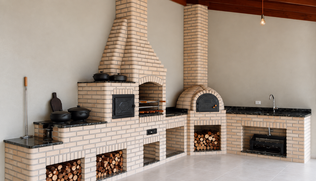 Área gourmet com churrasqueira, forno a lenha e bancada em granito preto em Poá SP