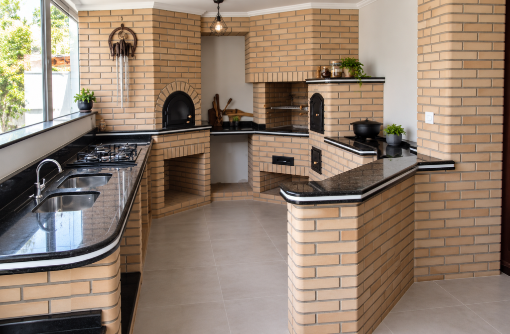 Área gourmet com churrasqueira, forno, cooktop, pia e bancada em granito preto em Poá SP